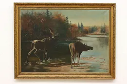 Moose Crossing River Antique Original Painting Higham 45.5" #53641