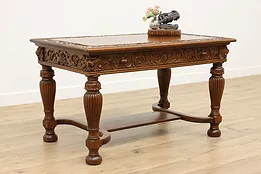 Victorian Antique Carved Oak Library Table Office Desk Lions #53147