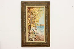 Autumn Lakeshore Vintage Original Oil Painting Macey 41" #53709