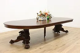 Victorian Antique 5' Round Oak 12' Dining Table Carved Lions #53578