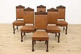 Set 6 Antique Renaissance Leather & Carved Oak Dining Chairs #53667