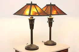 Pair of Craftsman Design Office or Library Lamps Mica Shades #53742