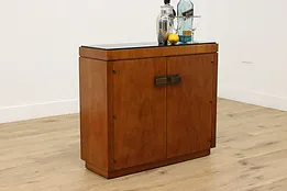 Midcentury Modern Vintage Walnut Bar Cabinet Black Glass Top #53600