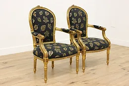 Pair French Vintage Carved Gilt Armchairs New Upholstery #49366