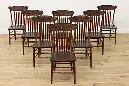 Set 8 Antique Farmhouse Carved Pressback Dining Chairs Signed #53732