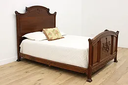 French Art Nouveau Antique Carved Walnut Queen Size Bed #53478