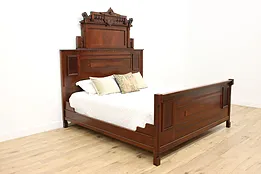 Victorian Eastlake Antique Carved Walnut Burl King Size Bed #51144