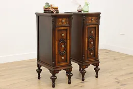 Pair English Tudor Walnut & Marquetry Nightstands End Tables #53706