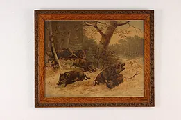 German Boar Hunt Antique Print Signed 24" #53694