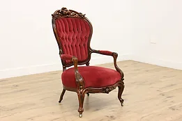 Victorian Antique Rosewood & Velvet Chair Hand Carved Fruit #53828