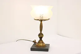 Victorian Antique Brass & Granite Table Lamp, Etched Shade #53741