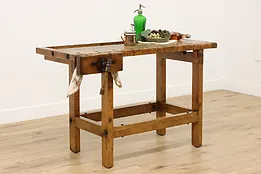 Farmhouse Antique Maple Workbench Kitchen Island Wine Table #52558