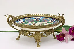 French Antique Porcelain & Brass Tazza Card Tray, Longwy #53425