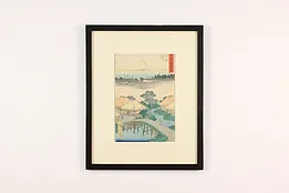 Japanese Village Antique Original Woodblock Print 21.5" #53908