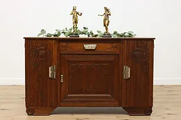 Art Deco Antique Carved Oak Sideboard Server TV Console, Bar #52029