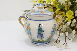 French Vintage Hand Painted Sugar Bowl & Lid, Quimper #49648