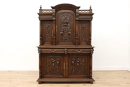 Renaissance Design Antique Carved Walnut Bar Cabinet Jesters #50264