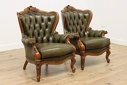 Pair of Rococo Vintage Carved Wing Chairs, Tufted Leather #54105