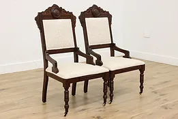 Pair of Victorian Eastlake Antique Walnut Chairs, Swans #52323