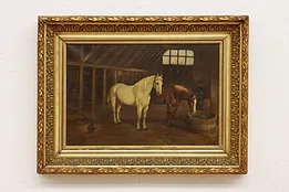 Racing Horse Stable Antique Original Oil Painting 24" #54008