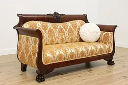 Empire Antique Carved Mahogany Sofa Paw Feet, New Upholstery #50631