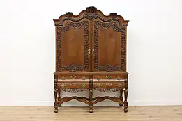 Dutch Antique Oak Cabinet Armoire Wardrobe Carved Flowers #53996