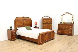 Art Deco Vintage 5 Pc Waterfall Walnut Queen Bedroom Set #52072