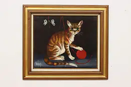 Playful Cat Vintage Original Oil Painting, Bonjean 32.5" #54042