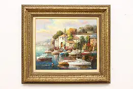 Italian Harbor Vintage Original Oil Painting, Maicon 34.5" #54166