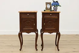 Pair of French Antique Oak Marble Top Nightstands End Tables #53968