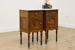 Pair of Country French Antique Oak Marble Top Nightstands #53961