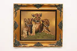 Lion Cubs Vintage Original Oil Painting Berthaux 35" #54043