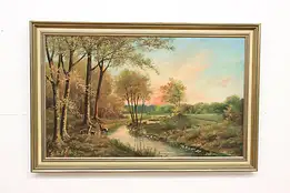 Sunrise Forest & Deer Antique Original Oil Painting Weil 58" #54040