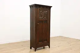 Tudor Design Antique Oak Armoire or Closet, Carved Grapes #53963