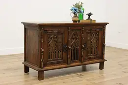 Gothic Vintage Carved Oak Cabinet, Hall or TV Console #53979