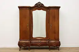 Italian Bombe Antique Carved Walnut Triple Armoire, Mirror #54145