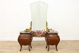 Italian Bombe Antique Carved Walnut Vanity & Mirror, Marble #54146