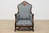 French Antique Walnut Marquetry Library Chair New Upholstery (2)