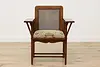 Arts & Crafts Mission Oak Antique Caned Armchair, New Fabric (2)