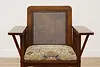 Arts & Crafts Mission Oak Antique Caned Armchair, New Fabric (3)