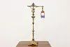 Victorian Antique Tall Desktop Bronzed Lamp, Art Glass Shade (12)