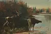 Moose Crossing River Antique Original Painting Higham 45.5" (2)