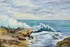 Rocky Shore with Waves Vintage Original Oil Painting Rea 41" (2)