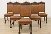 Set 6 Antique Renaissance Leather & Carved Oak Dining Chairs (2)