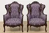 Pair French Design Vintage Carved Wingback Chairs New Fabric (2)