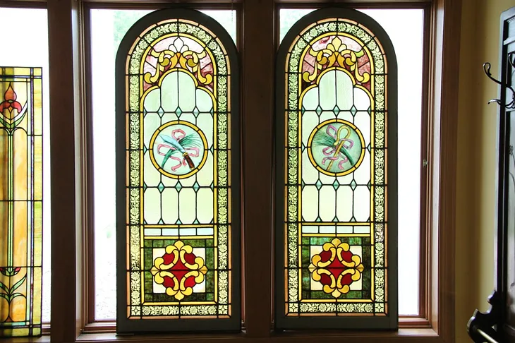 Pair of Arched Stained Leaded Glass Windows