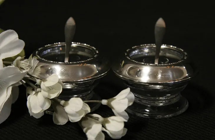 Pair Sterling & Crystal Salt Cellars & Spoons