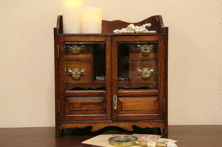 English Oak 1895 Antique Smoking Cabinet or Jewelry Chest