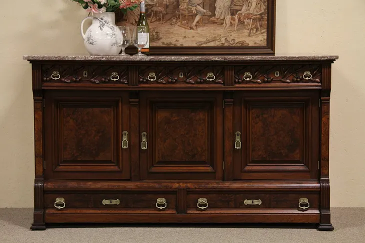 Victorian Eastlake Marble Top Sideboard Buffet, Carved Cherries