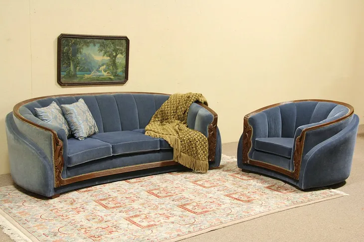 Art Deco 1935 Sofa & Club Chair Set, New Genuine Mohair Upholstery